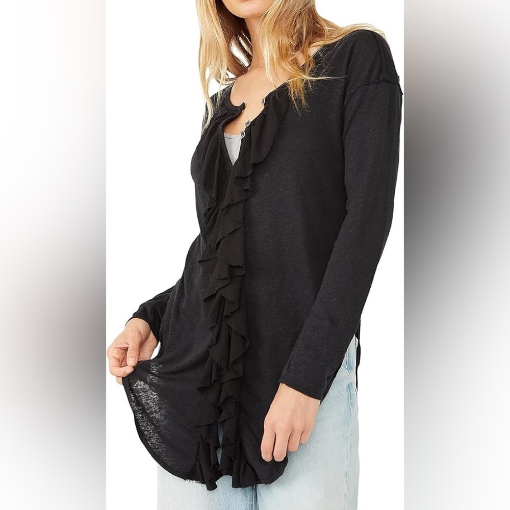 Free People Black Ruffle-Front Long Sleeve Tee